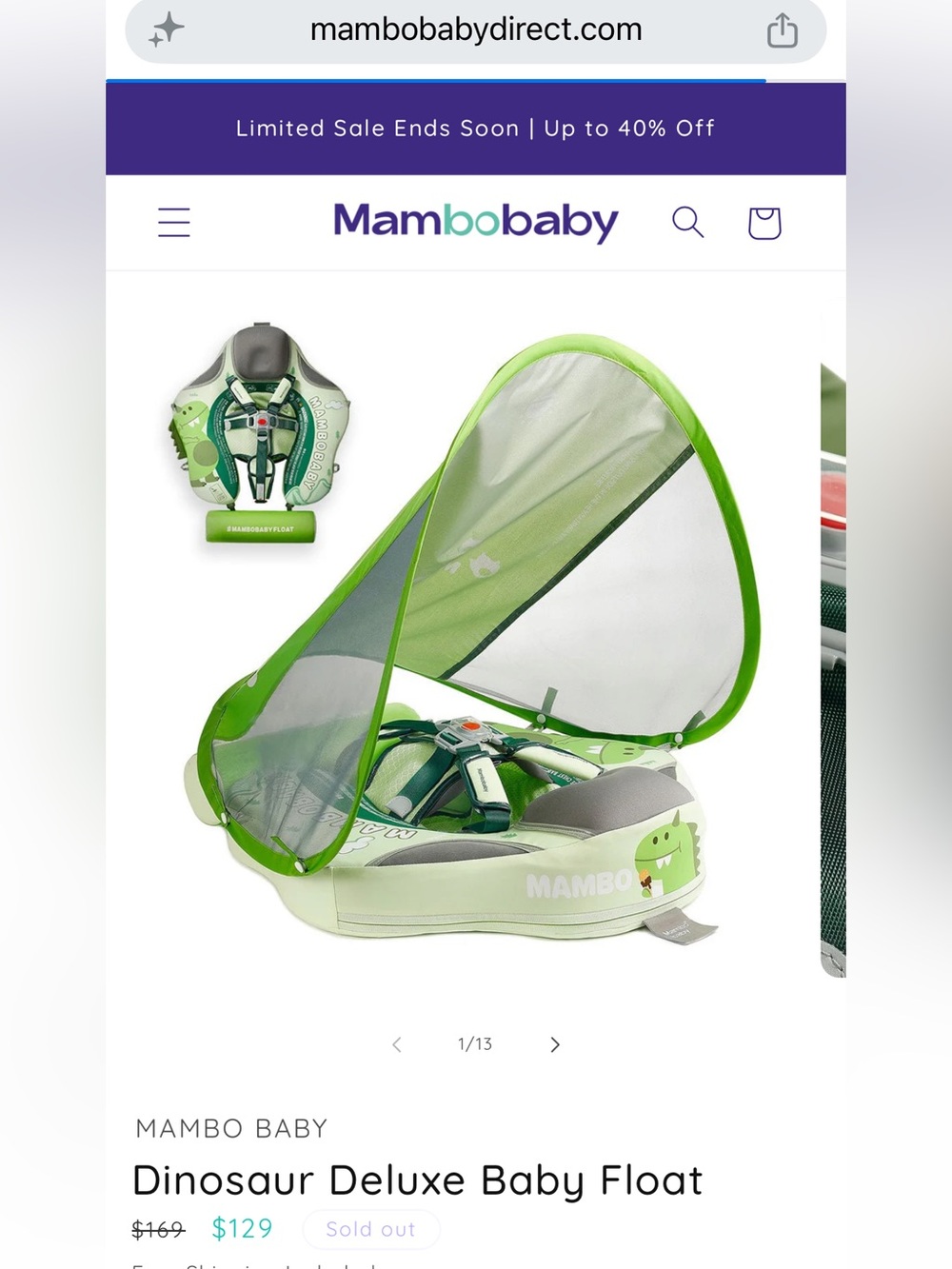 Mambobaby Green Dinosaur Deluxe Baby Float with Canopy